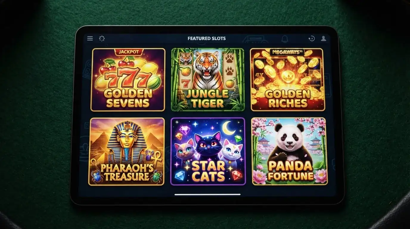 Zes tot acht Amatic-slot-tegels naast elkaar — Book of Aztec, Grand Tiger, Hot Fruits, Super Cats, Blazing Coins en Billyonaire — in de herkenbare Amatic-stijl met felle kleuren en fruitsymbolen