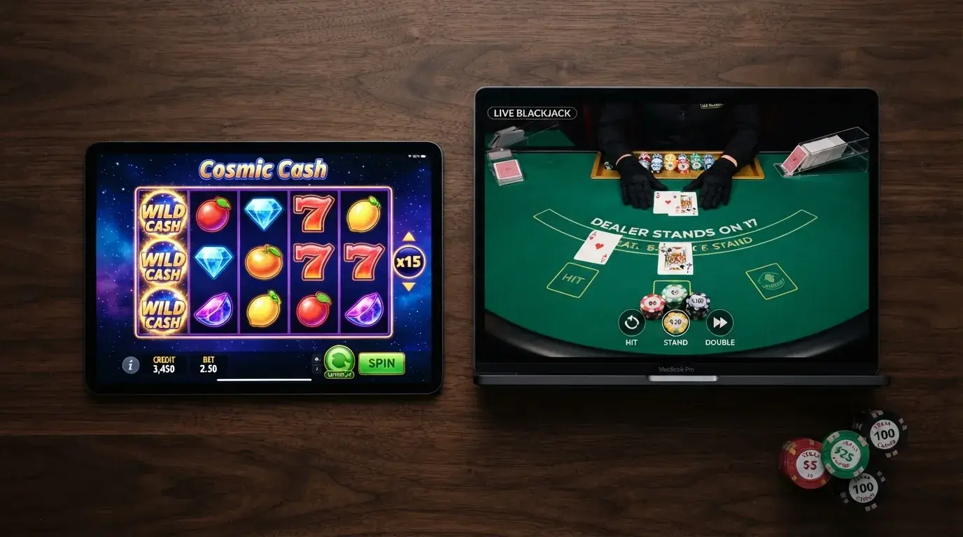 Screenshot van een populaire gokkast en een live blackjack-tafel bij een Bitcoin Cash casino