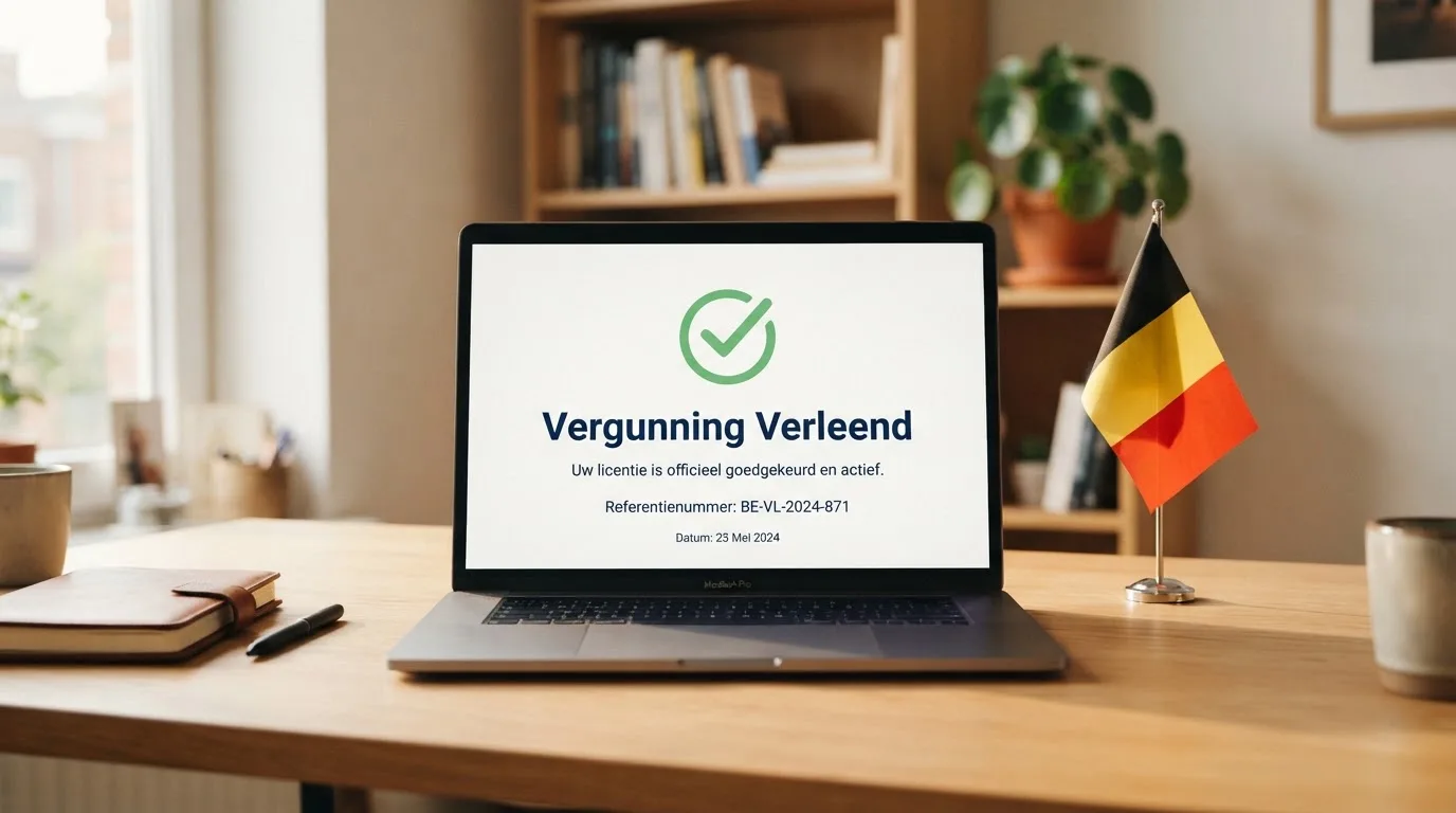 Een kansspelvergunning-document met stempel naast de Belgische vlag