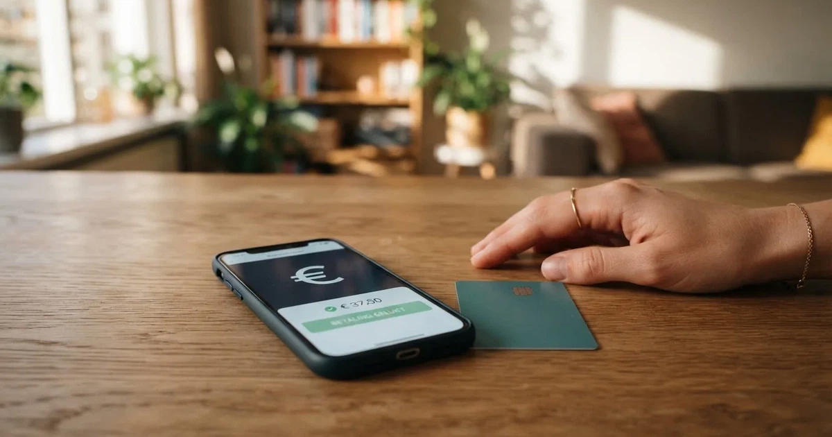 Een smartphone met betaal-app en een betaalkaart op een tafel