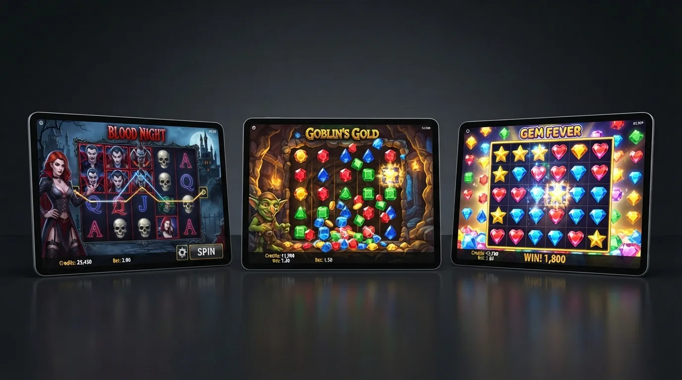 Een selectie van bekende Betsoft-slots naast elkaar: Good Girl/Bad Girl, Greedy Goblins en Gemmed in lobbyweergave