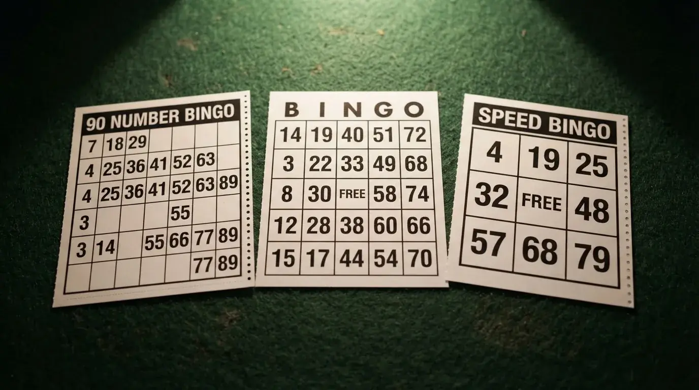 Drie bingokaarten: een 3×9-kaart, een 5×5-kaart en een speedkaart met minder ballen