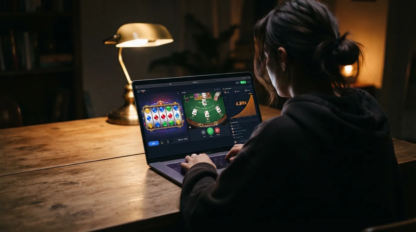 Een laptopscherm met slots, een live dealer-tafel en een crash game-interface — het volledige crypto casino-aanbod in één beeld