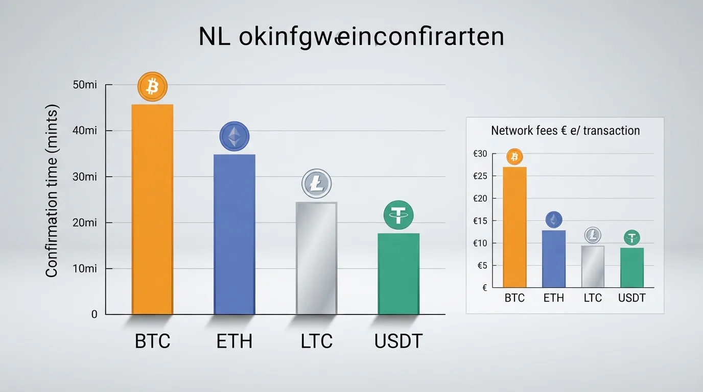 Een visuele vergelijking van bevestigingstijden en netwerkkosten van Bitcoin, Ethereum, Litecoin en USDT, weergegeven als staafdiagram naast cryptomunten