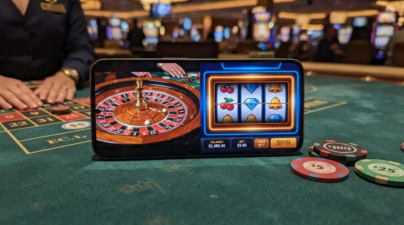 Een smartphone in landscape toont een live-roulettetafel met een echte dealer, en in een split-screen ernaast een gokkast met kleurrijke symbolen