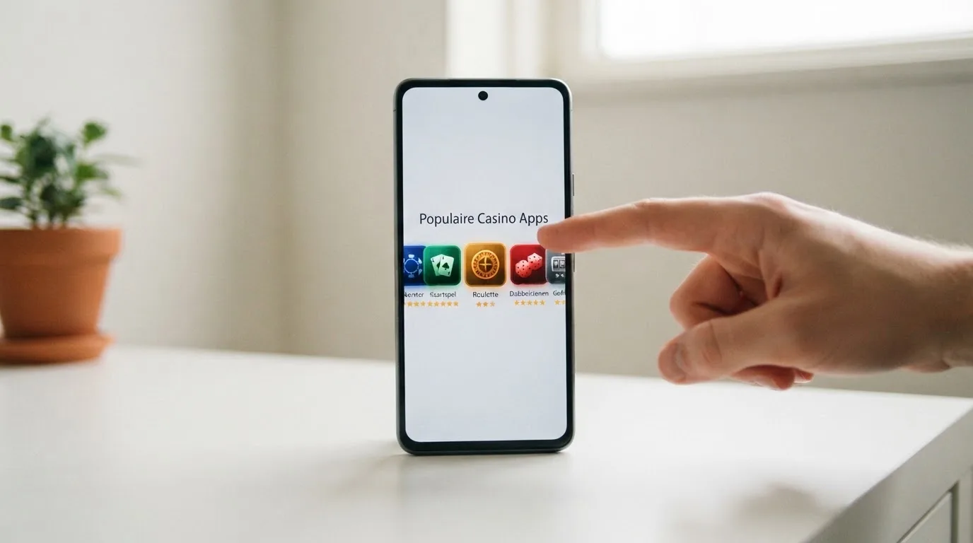 Een reeks casino-app-iconen op een Android-telefoonscherm met sterrenbeoordelingen ernaast