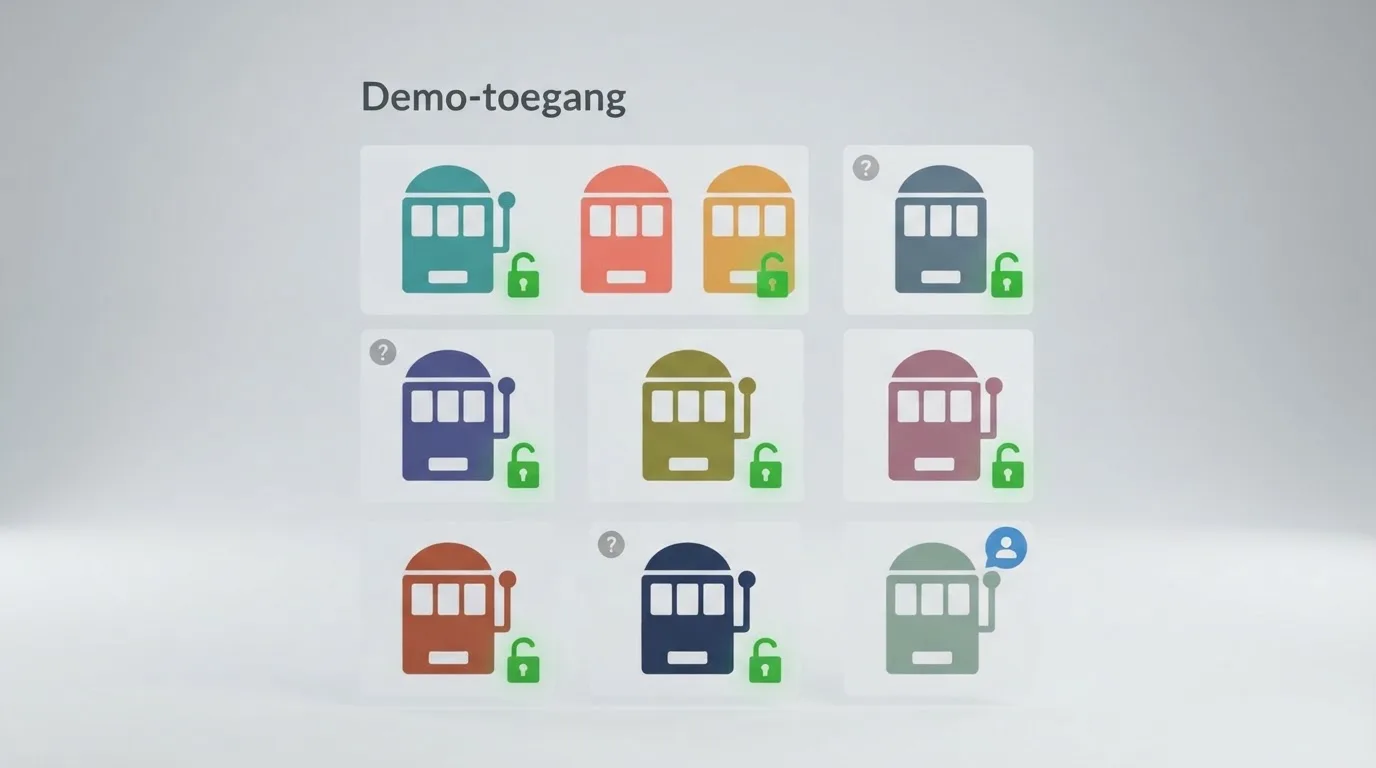 Een overzichtelijk dashboard met de logo's van verschillende Nederlandse online casino's en hun demo-toegang zichtbaar — sommige met open slot, één met een registratie-icoon