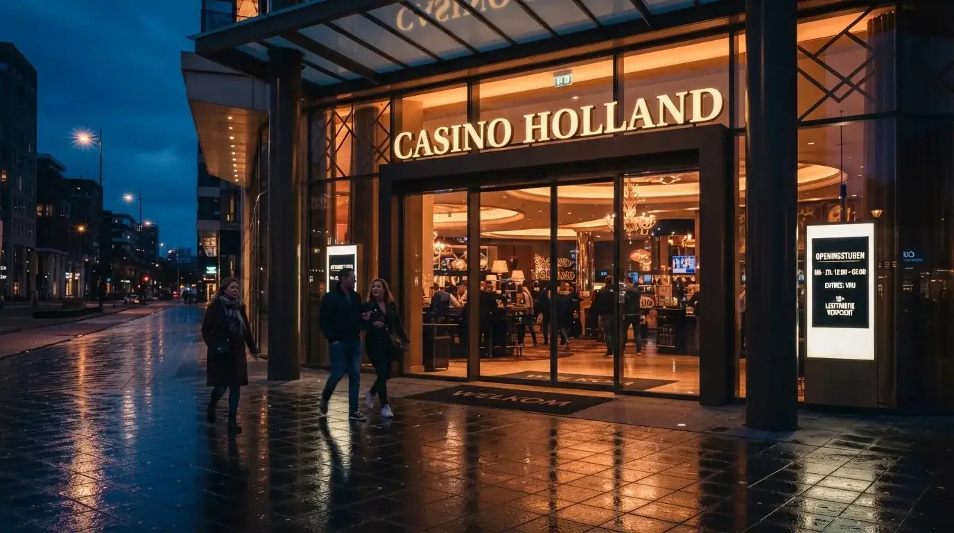 De verlichte entree van Holland Casino bij avond, met openingstijden zichtbaar naast de deur