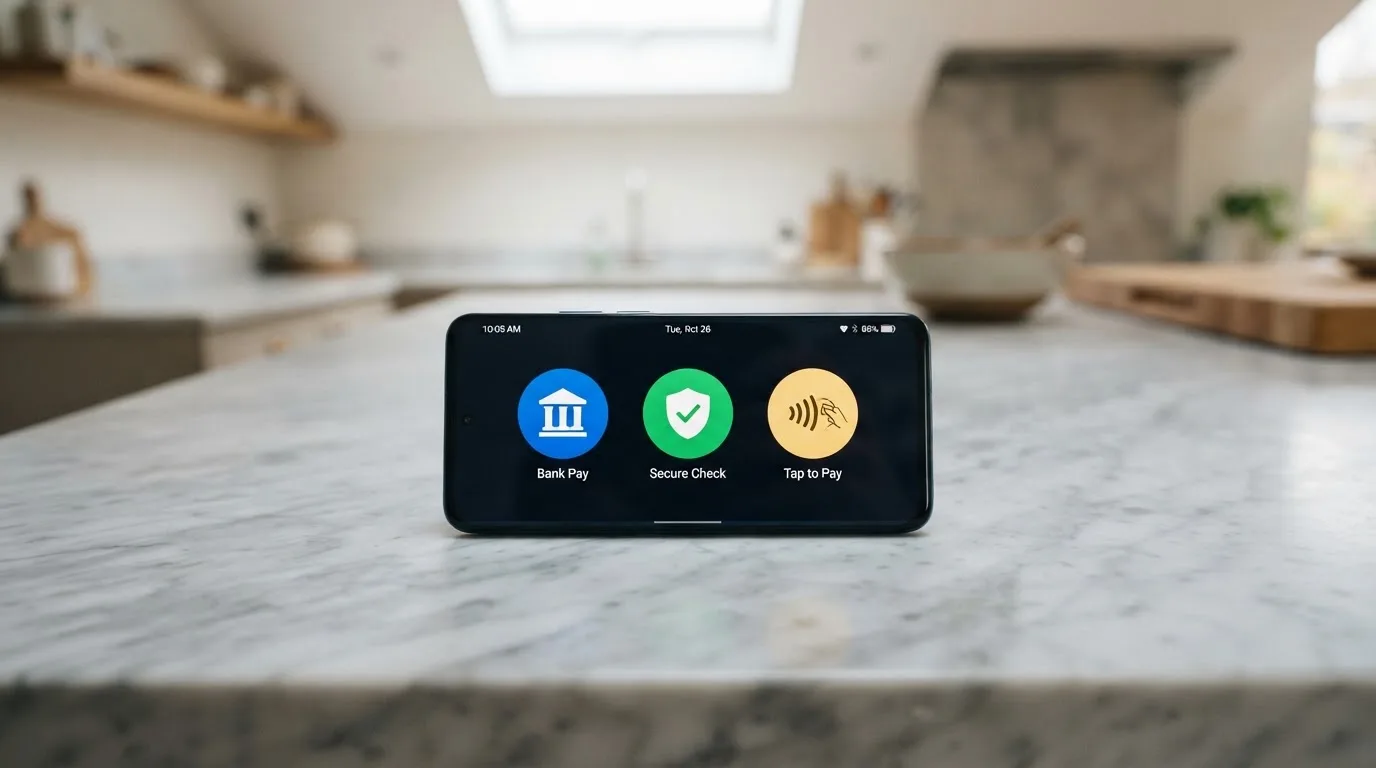 Drie betaalopties — iDEAL, Trustly en PayPal — naast elkaar op een smartphone