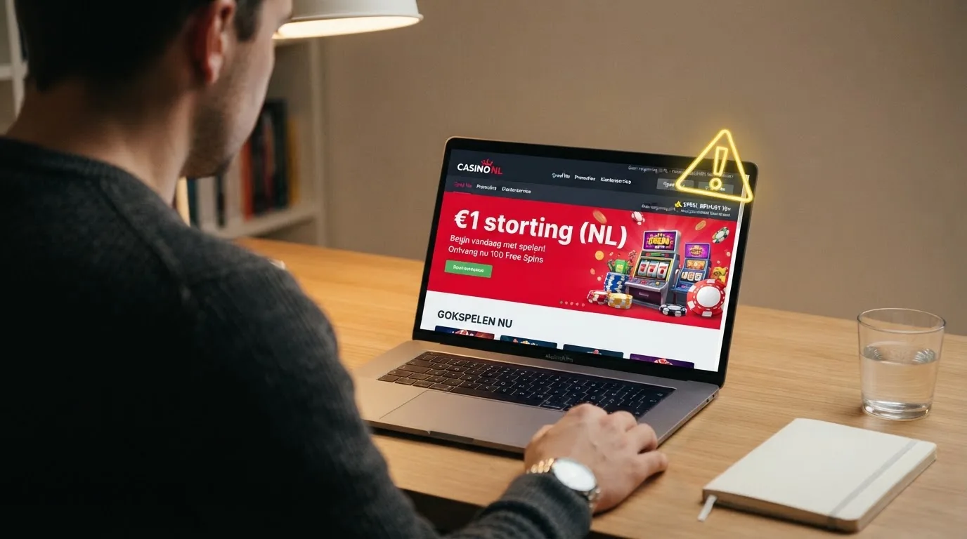 Een casino-website met een opvallende '1 euro deposit'-reclame en een waarschuwingsmarkering.