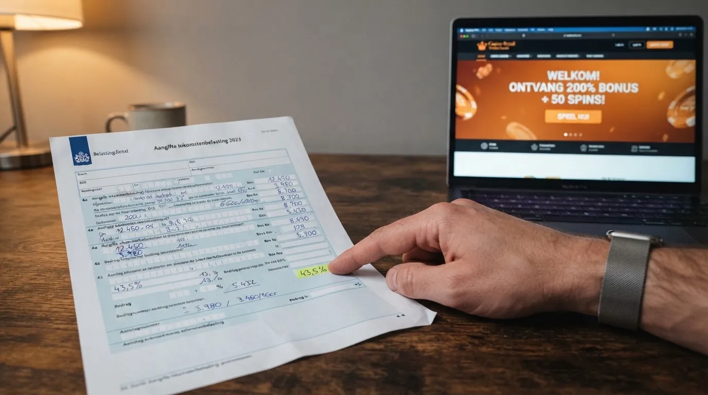 Een belastingformulier naast een casinowebsite op een beeldscherm