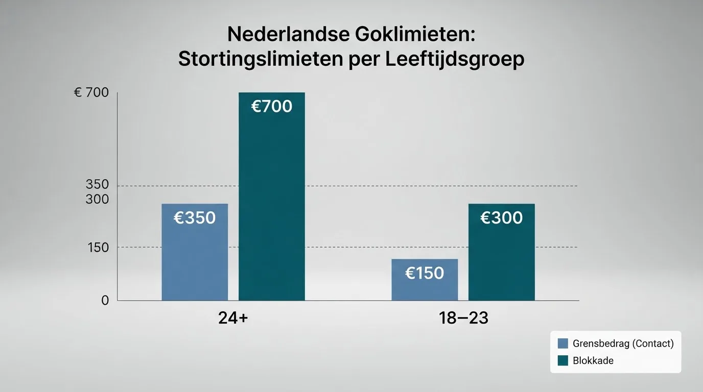 Een overzichtstabel met de Nederlandse stortingslimieten: €350 en €150 als grensbedrag en €700 en €300 als harde grens.