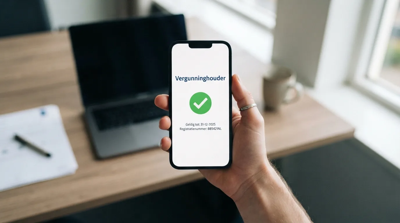 Een smartphone toont het Ksa-logo en de tekst “Vergunninghouder” op het scherm van een casino app, met op de achtergrond het register van de Kansspelautoriteit