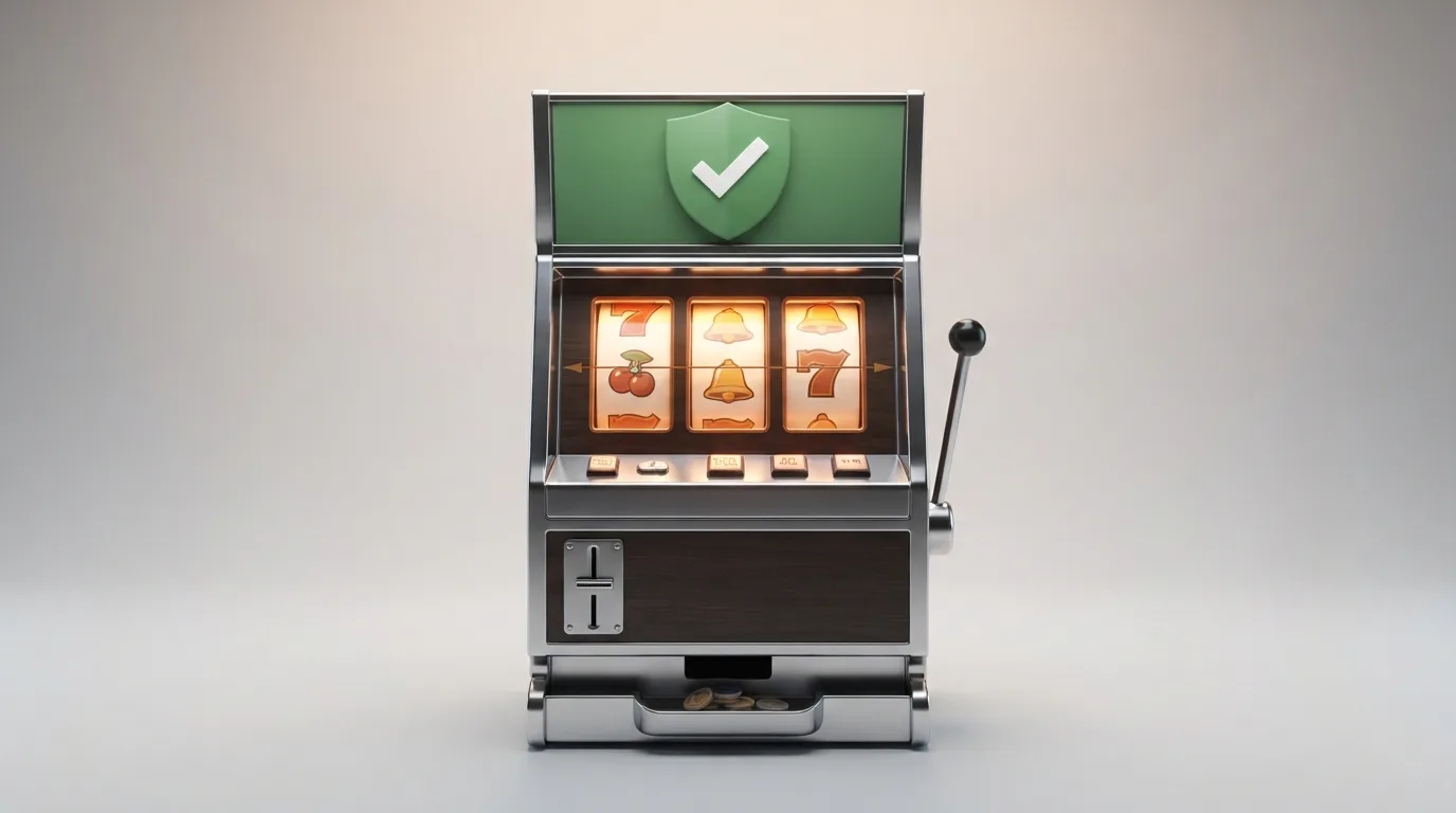 Het logo van de Kansspelautoriteit groot in beeld, met op de achtergrond een Nederlands paspoort en een slot-machine-icoon met een groen vinkje