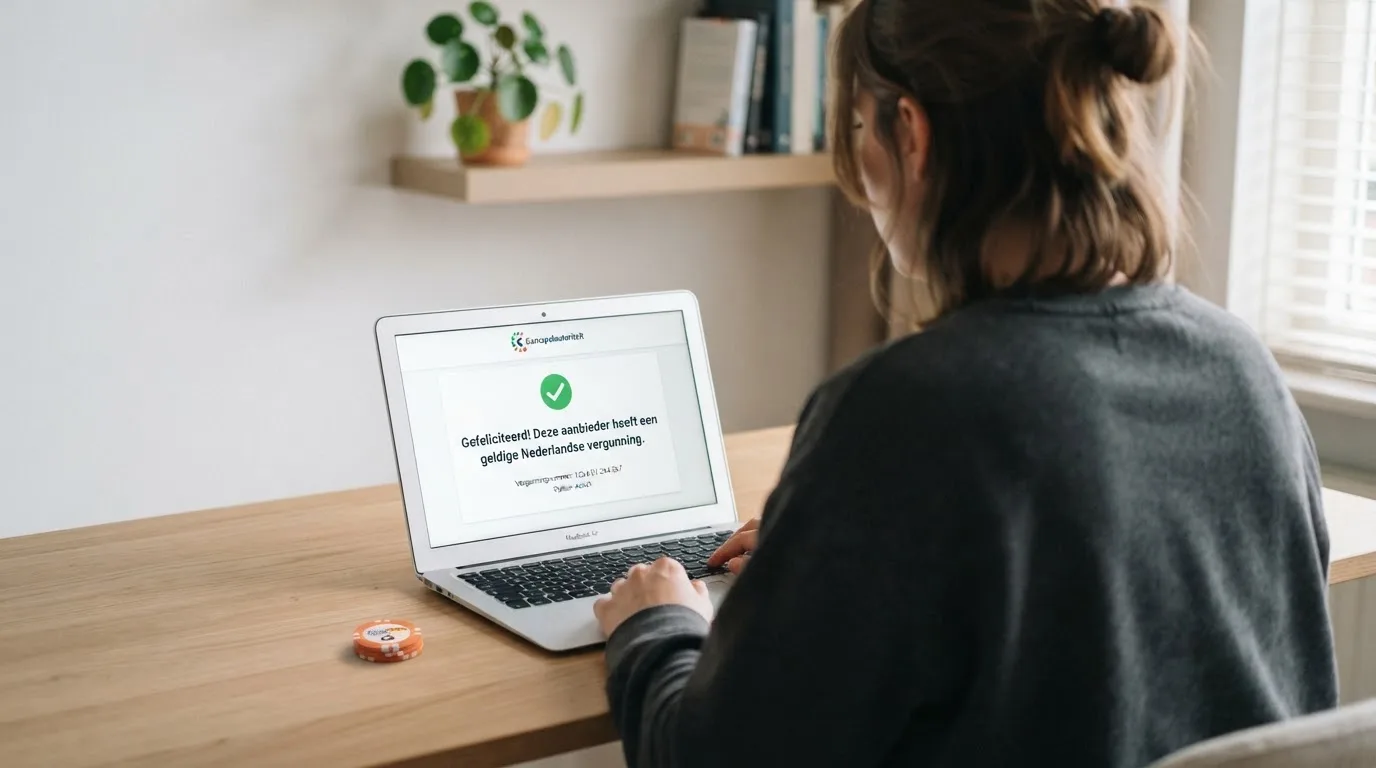 Het logo van de Kansspelautoriteit naast een uittreksel uit het vergunningenregister van een online casino