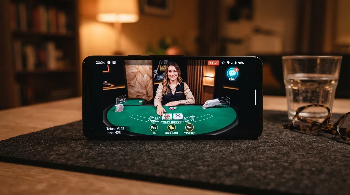 Een Android-smartphone in landscape-modus met een live blackjacktafel en een echte dealer via videostream