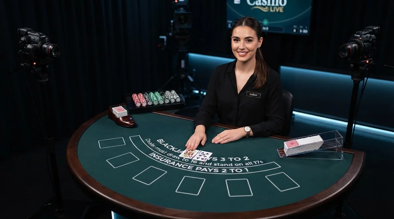 Een live blackjack-tafel in een professionele studio met een dealer die kaarten deelt, camera's rond de tafel