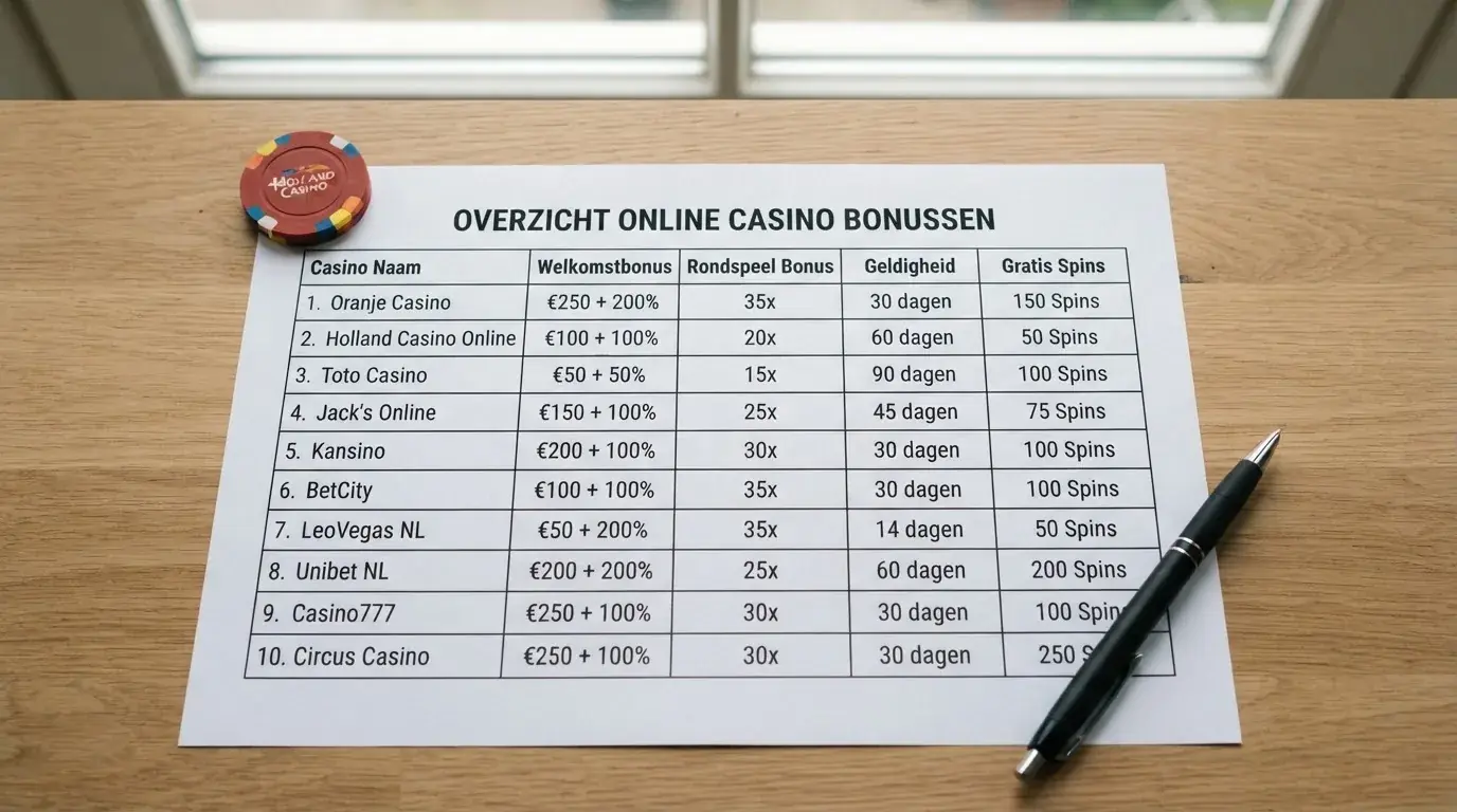 Een overzichtelijke vergelijking van Nederlandse online casino's met hun logo's en welkomstbonussen in een raster