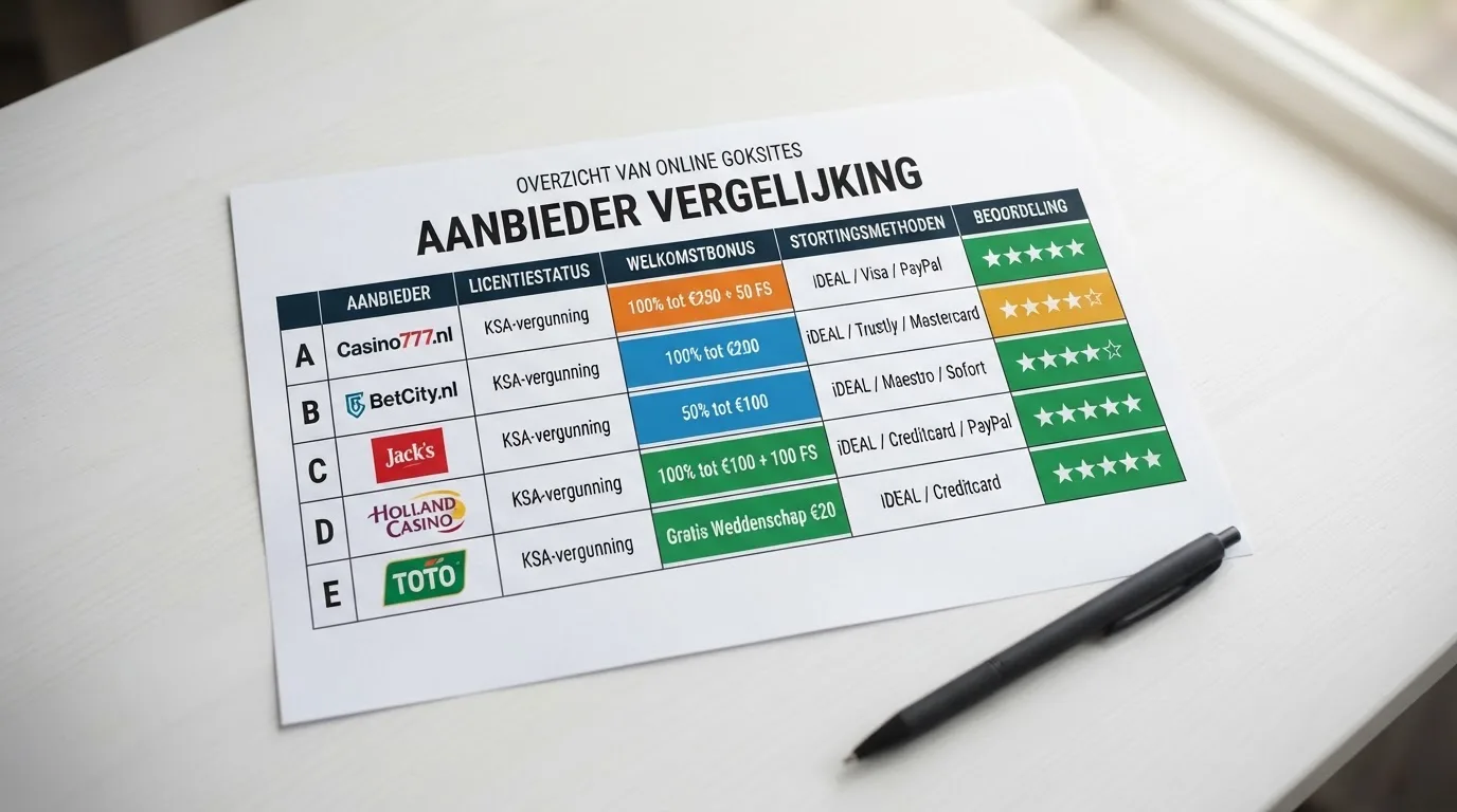 Een tabel met tien rijen die tien Nederlandse online casino's naast elkaar zet