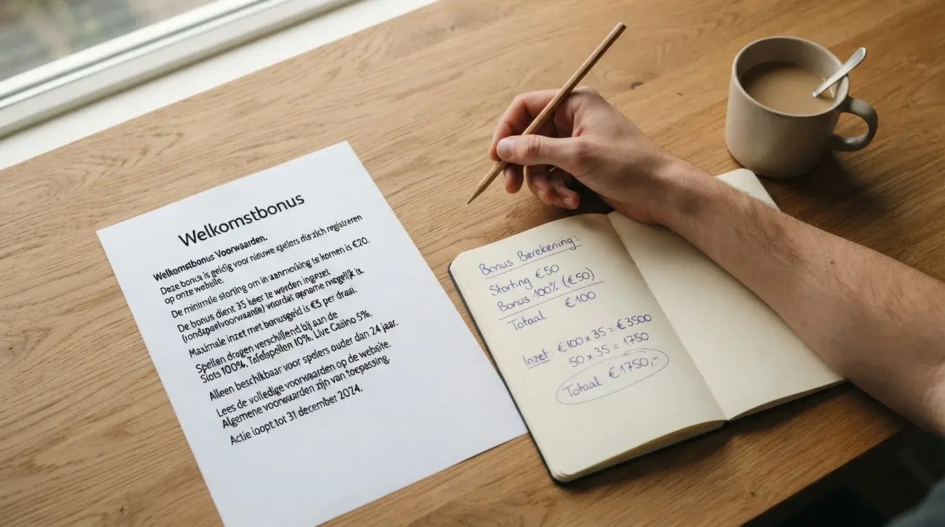 Een document met bonusvoorwaarden naast een rekenmachine